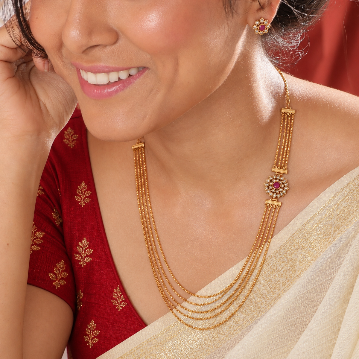 Gold Plated Side Brooch Chain Necklace Set
