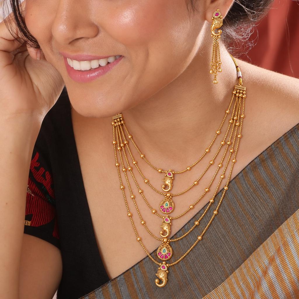 Stunning long antique gold ganesh necklace set
