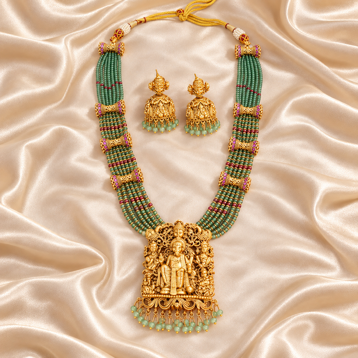 Stunning long antique gold ganesh maharaaj necklace set