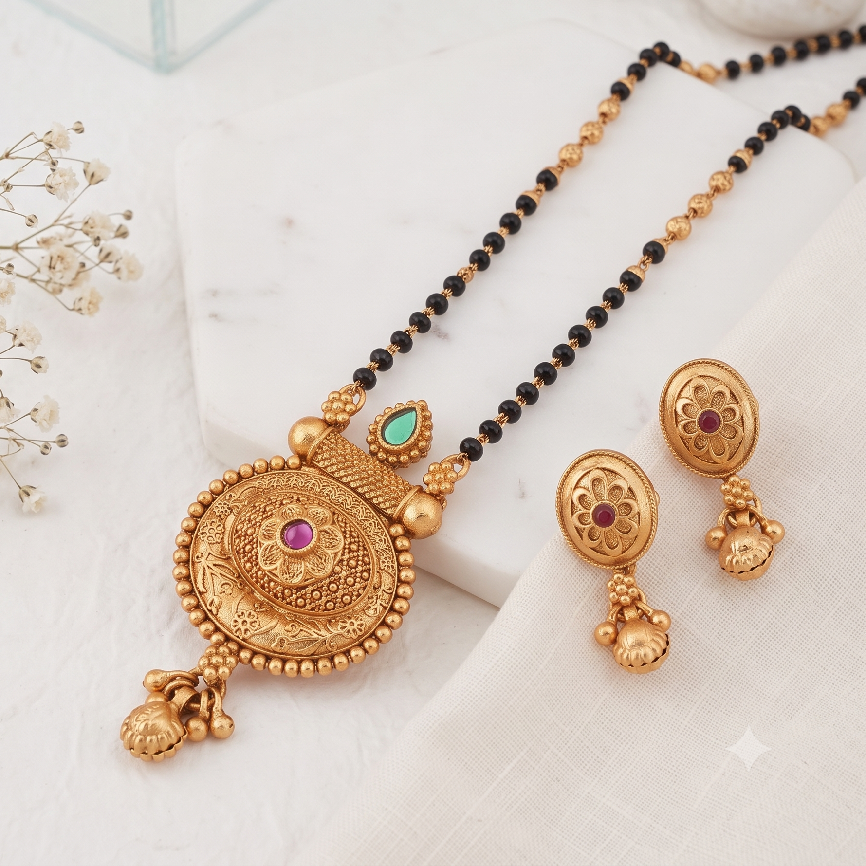 Antique gold stone ruby mangalstura set