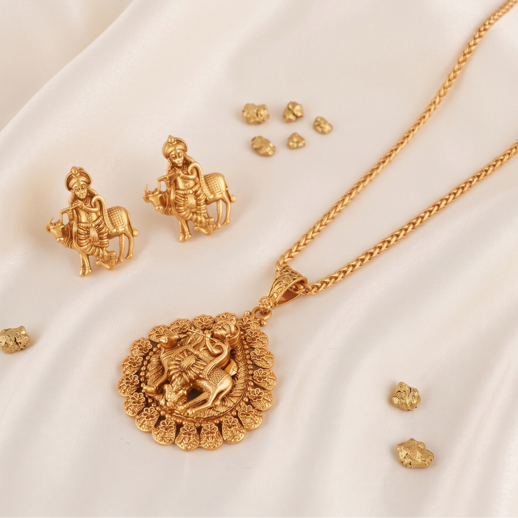 Stunning plain antique gold plated krishna pendant set