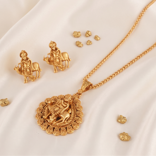 Stunning plain antique gold plated krishna pendant set