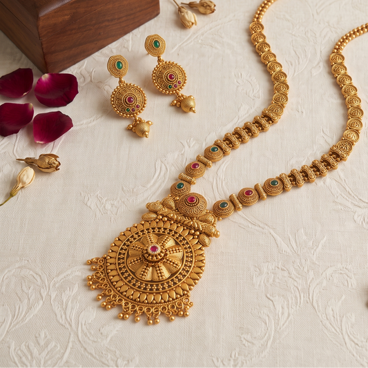 Long antique gold multicolor stone necklace set