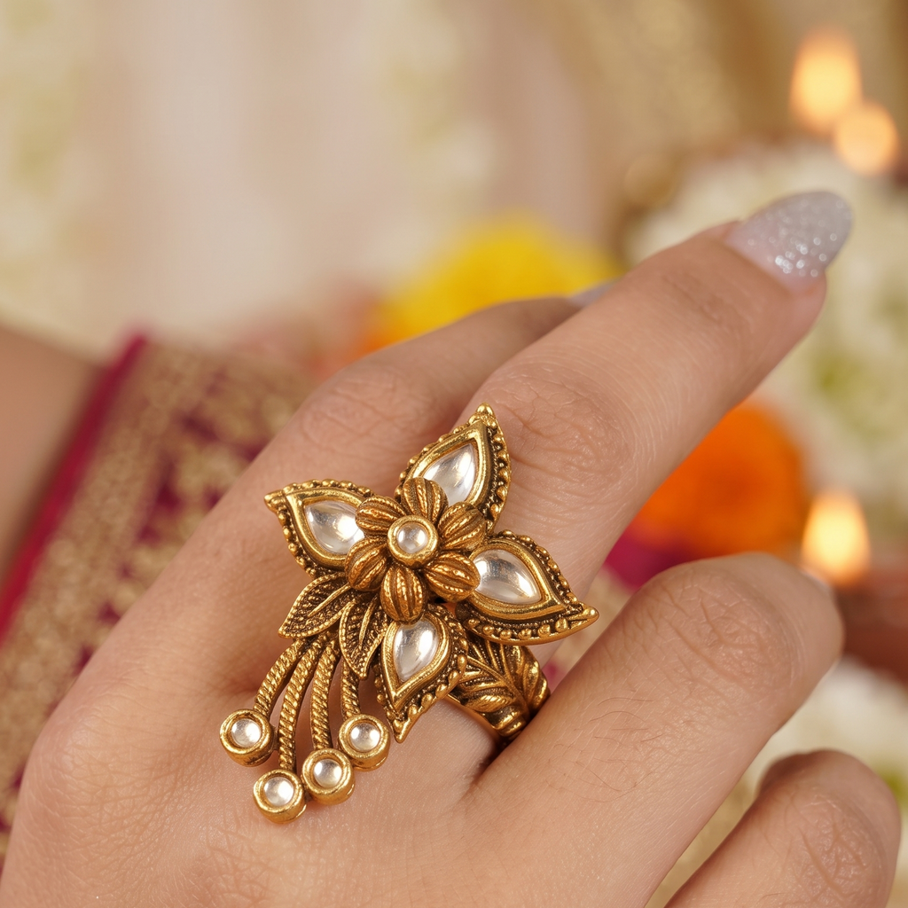 Gorgeous antique gold kundan adjustable finger ring