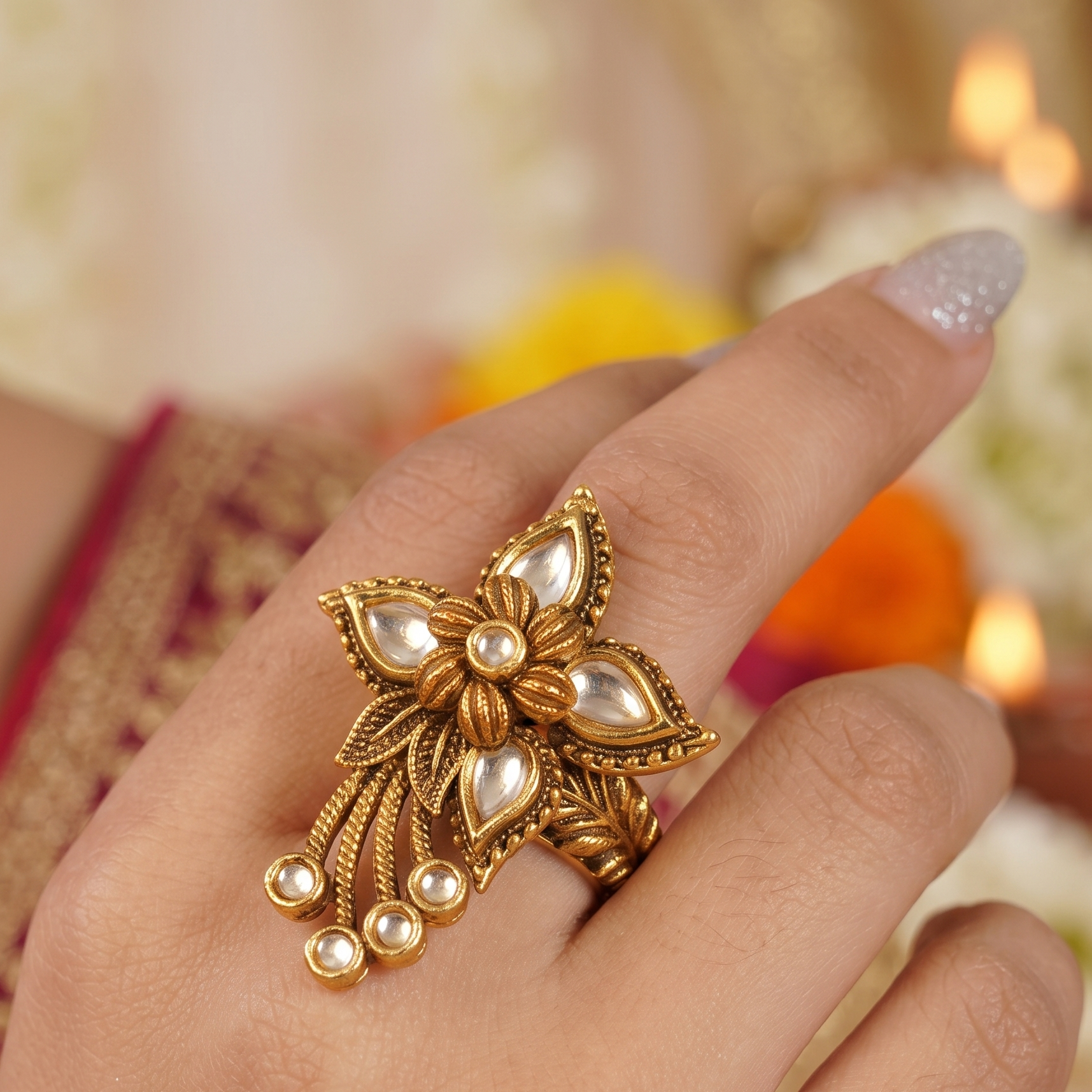 Gorgeous antique gold kundan adjustable finger ring