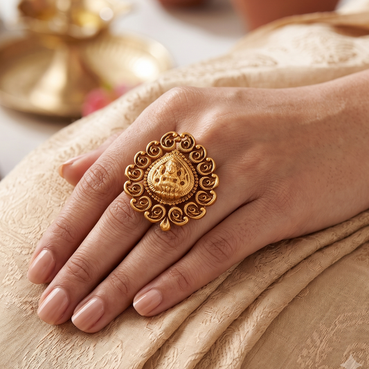 Stunning plain antique gold maa lakshmi adjustable finger ring I Temple Jewellery