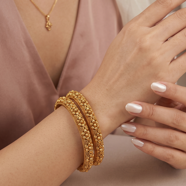 Antique gold floral motif bangle set