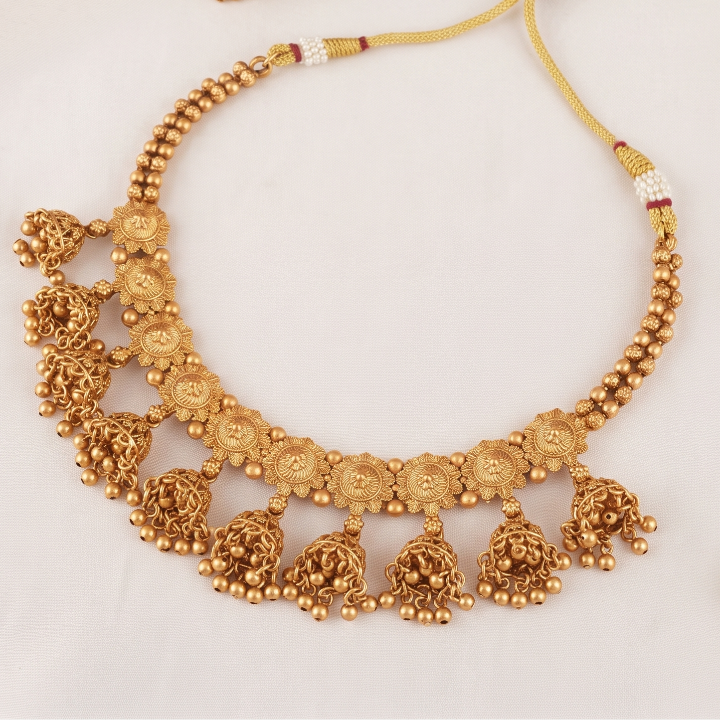 Stunning antique gold plain jhumka necklace set