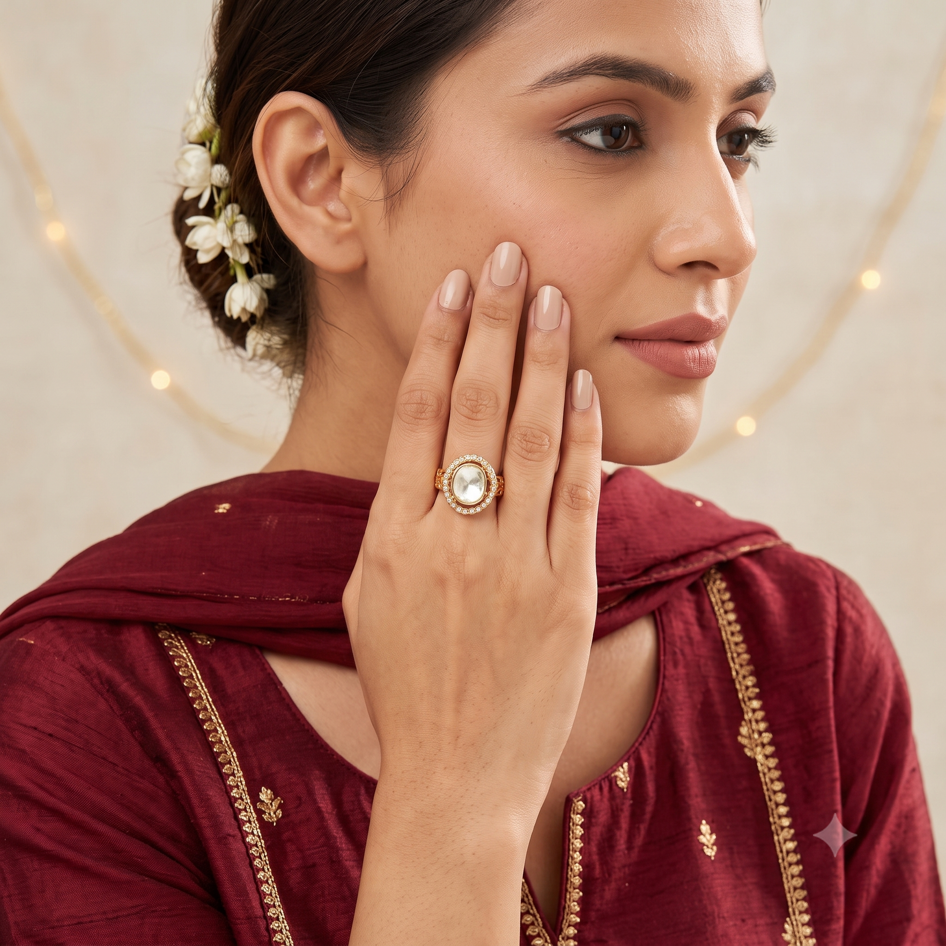 Cute gold plated kundan finger ring for women