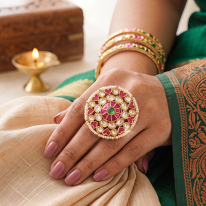 Beautiful gold plated ruby kundan finger ring