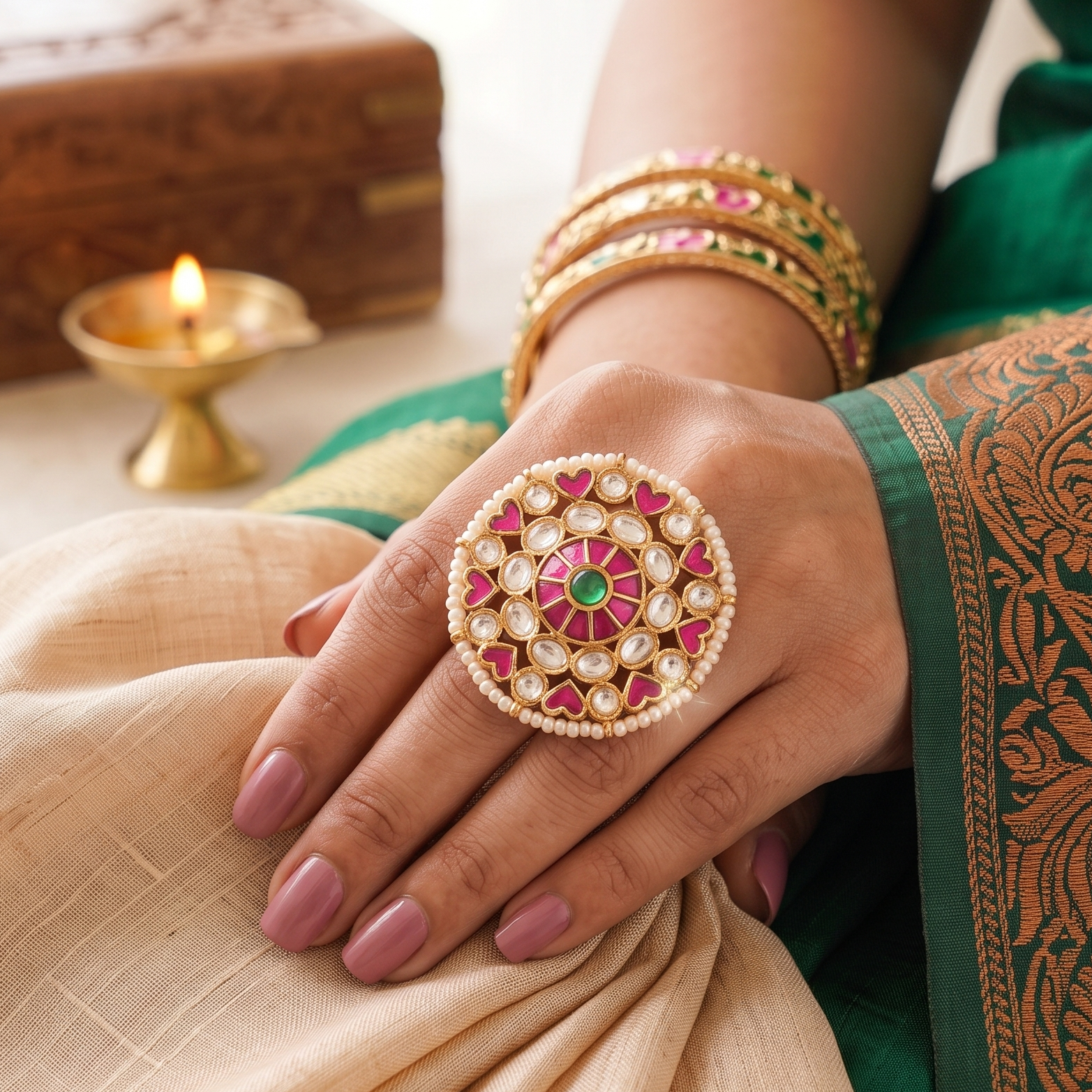 Beautiful gold plated ruby kundan finger ring