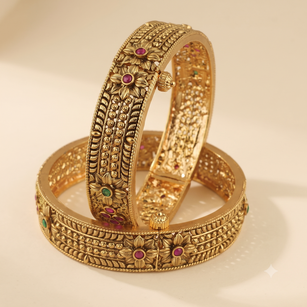 Royal antique gold multicolor stone openable bangle set