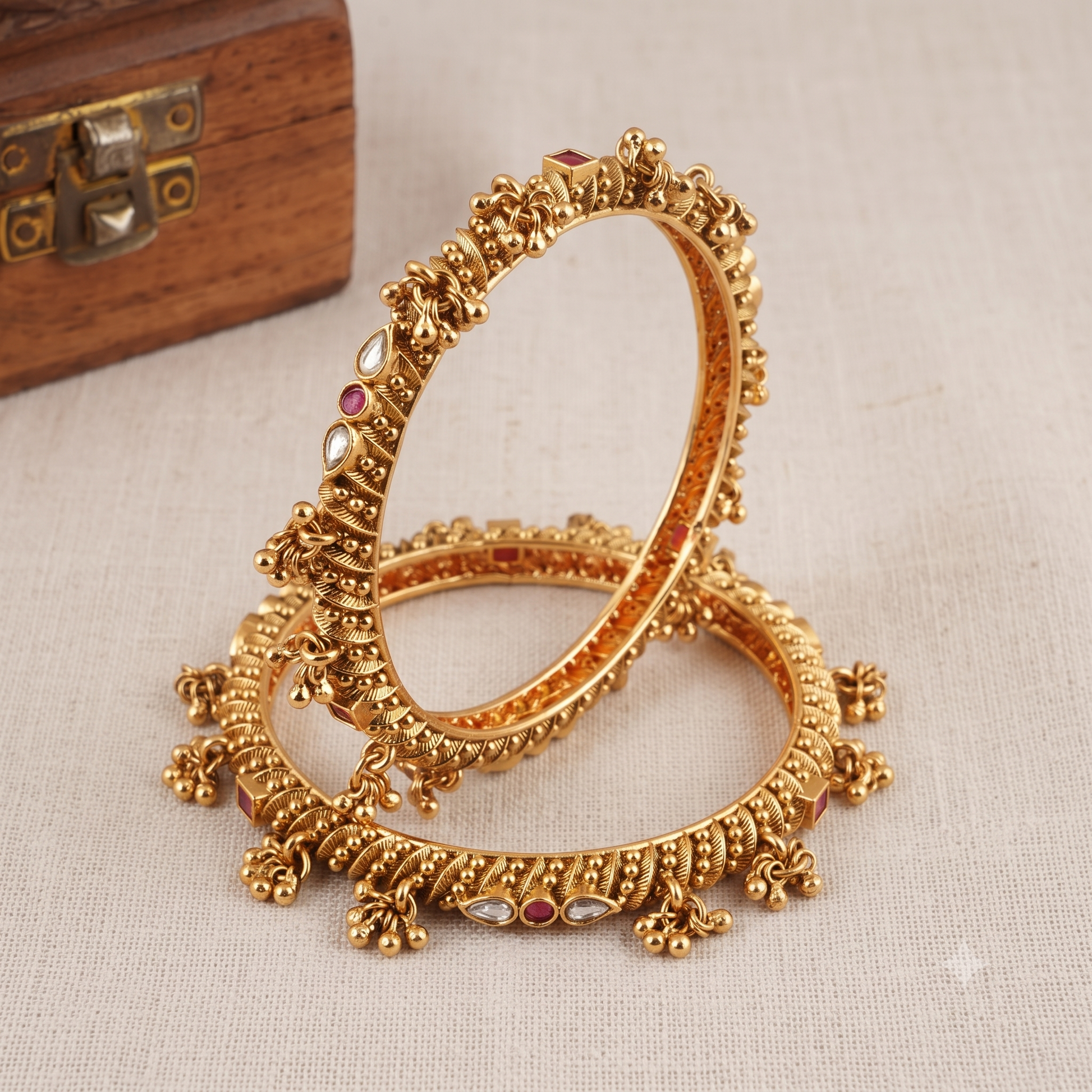 Amazing stone kundan gold ghungroo bangle set