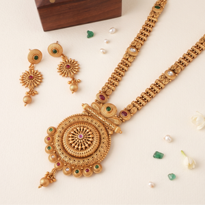 Long stunning multicolor antique gold traditional necklace set
