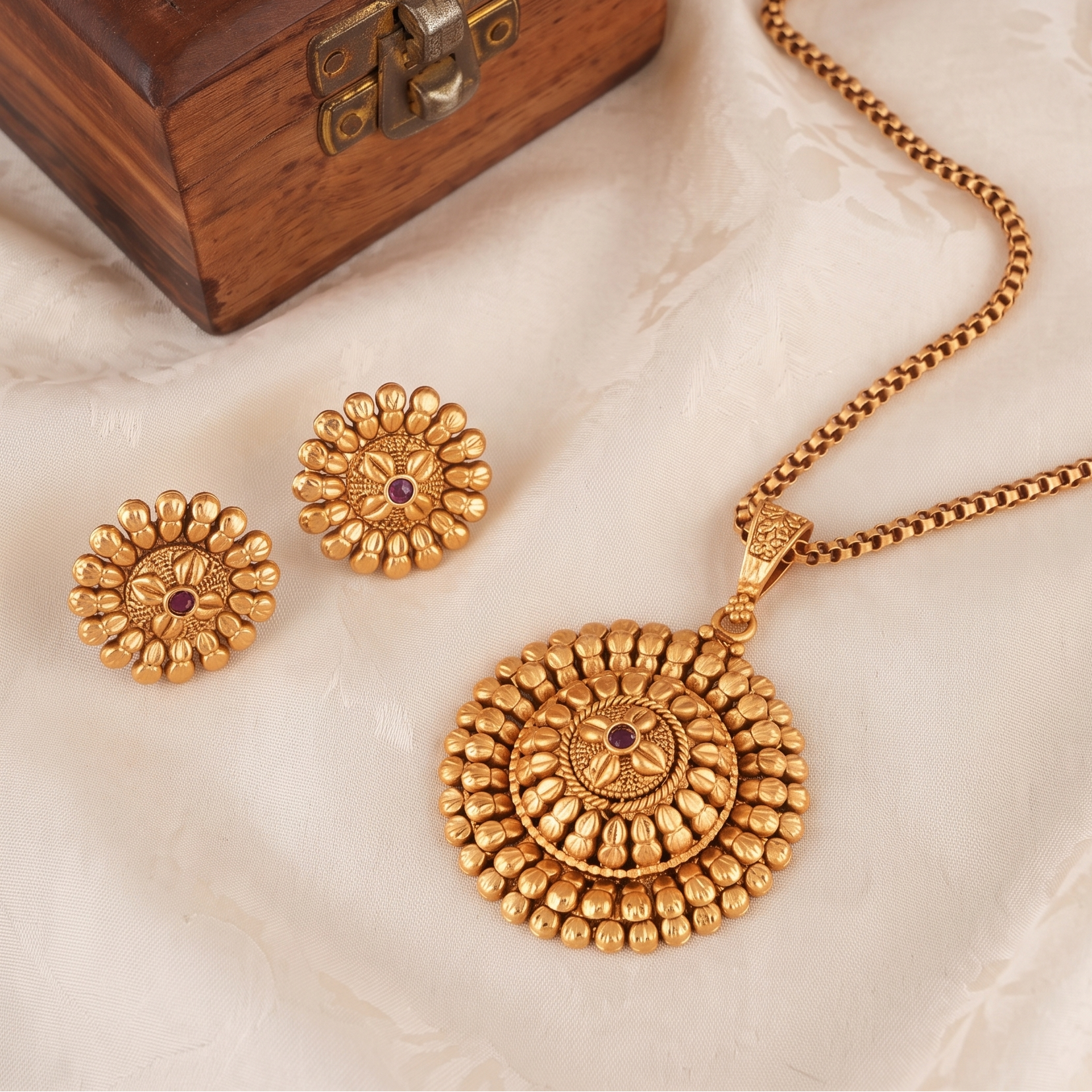 Beautiful floral antique gold pendant set with earring
