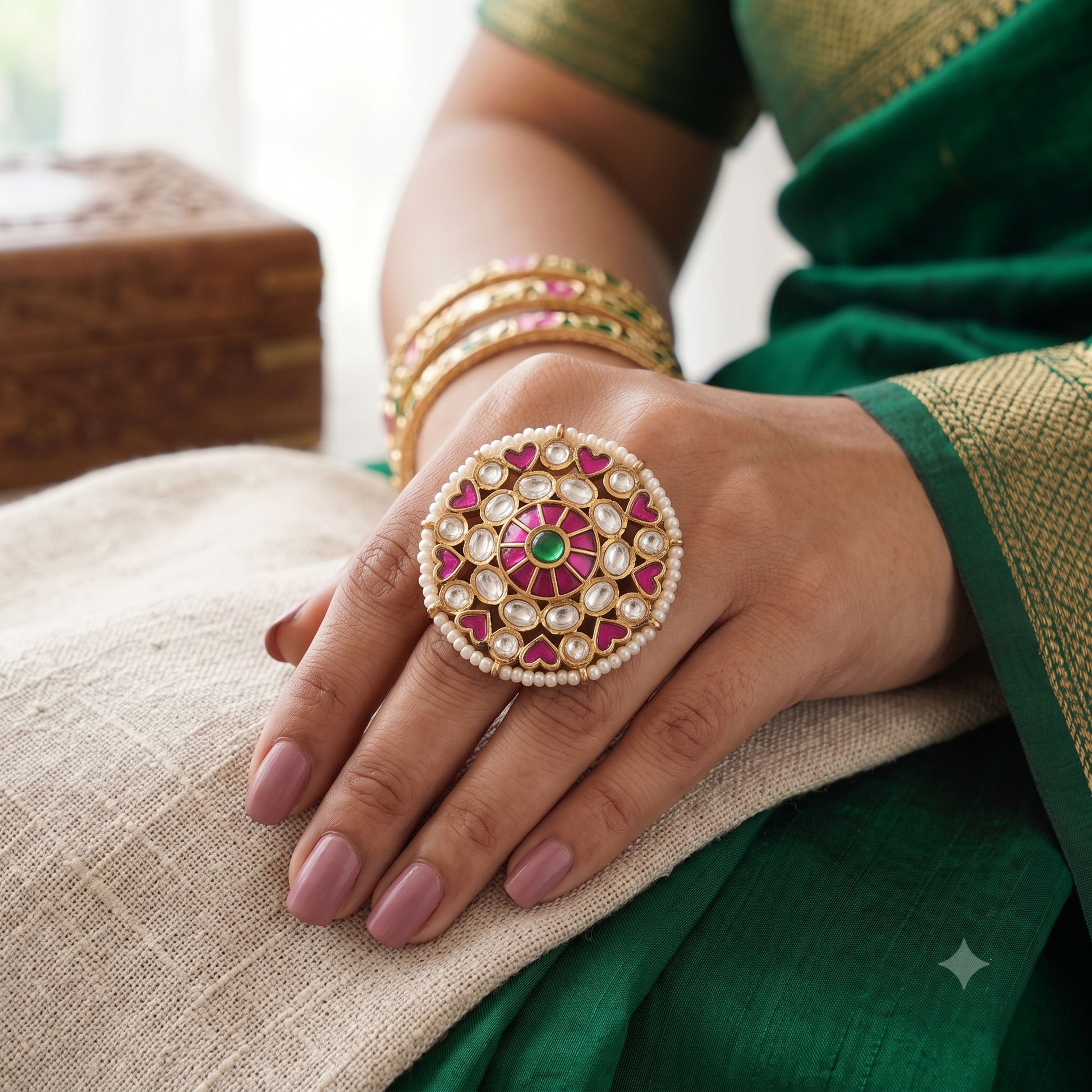 Beautiful gold plated ruby kundan finger ring