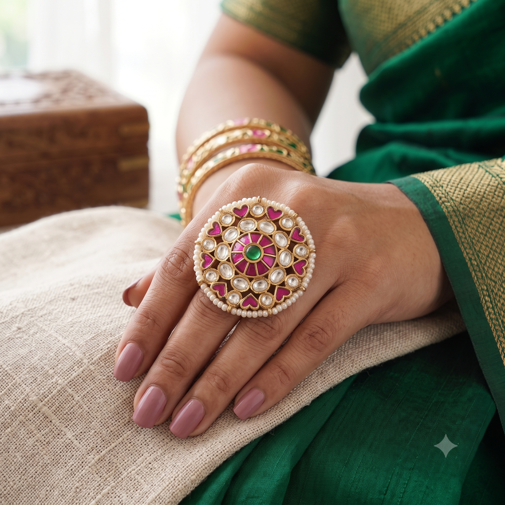 Beautiful gold plated ruby kundan finger ring