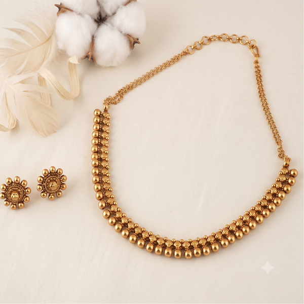 Delicate antique gold plated plain balls necklace set for women
