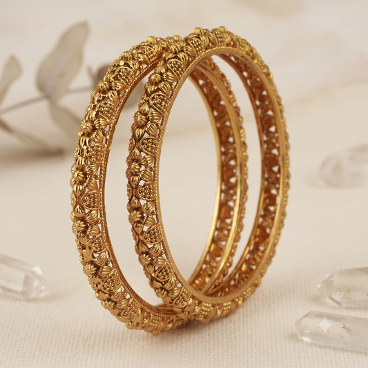 Antique gold floral motif bangle set