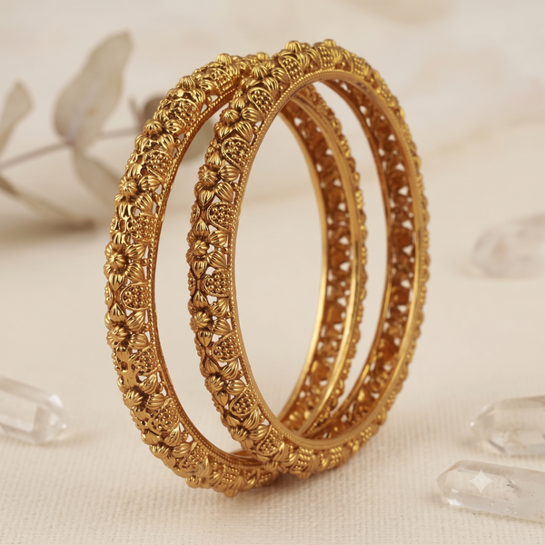 Antique gold floral motif bangle set