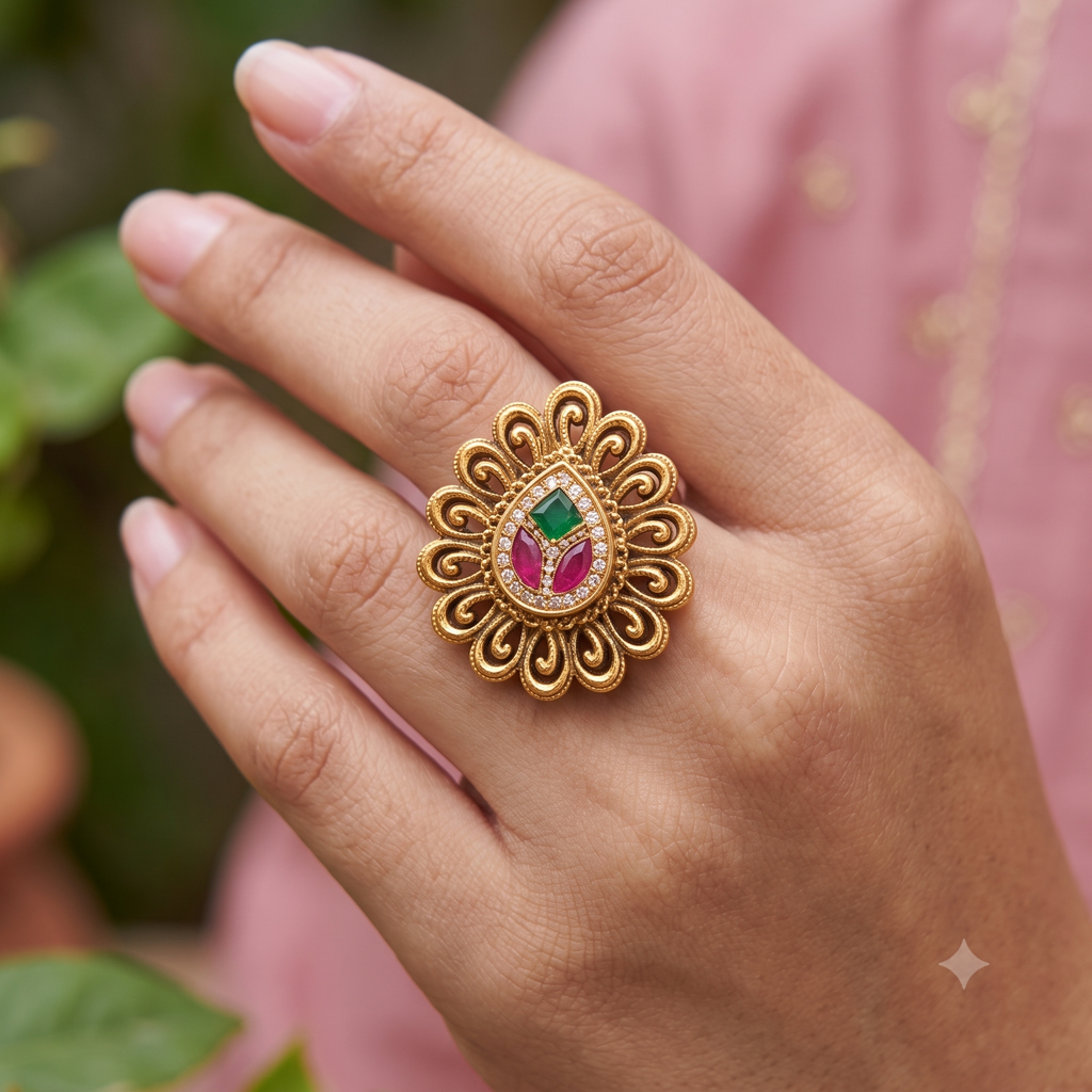 Stunning antique gold multicolor stone pear shape finger ring