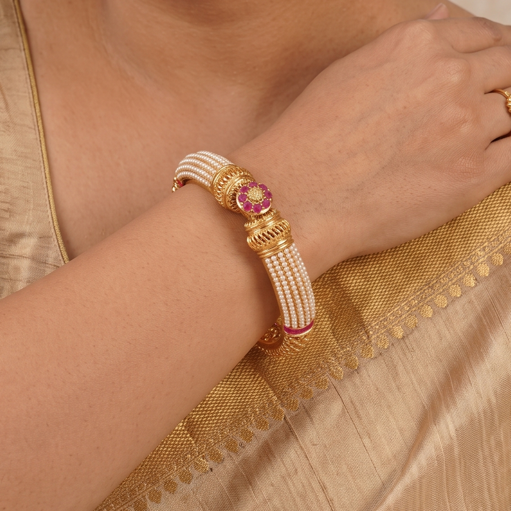 Gorgeous gold plated pearl openable kada