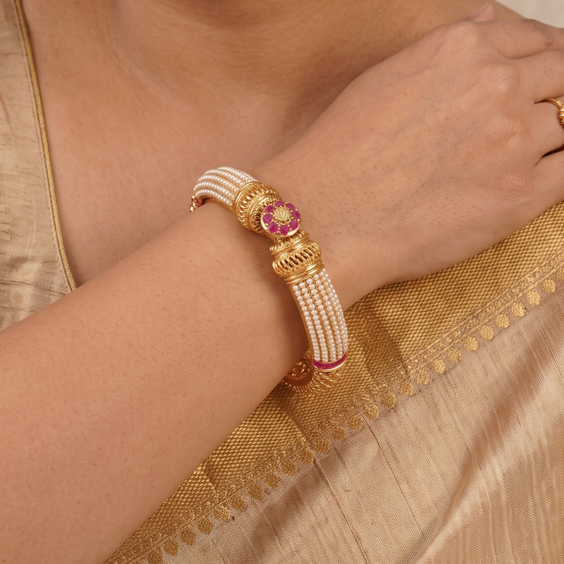 Gorgeous gold plated pearl openable kada
