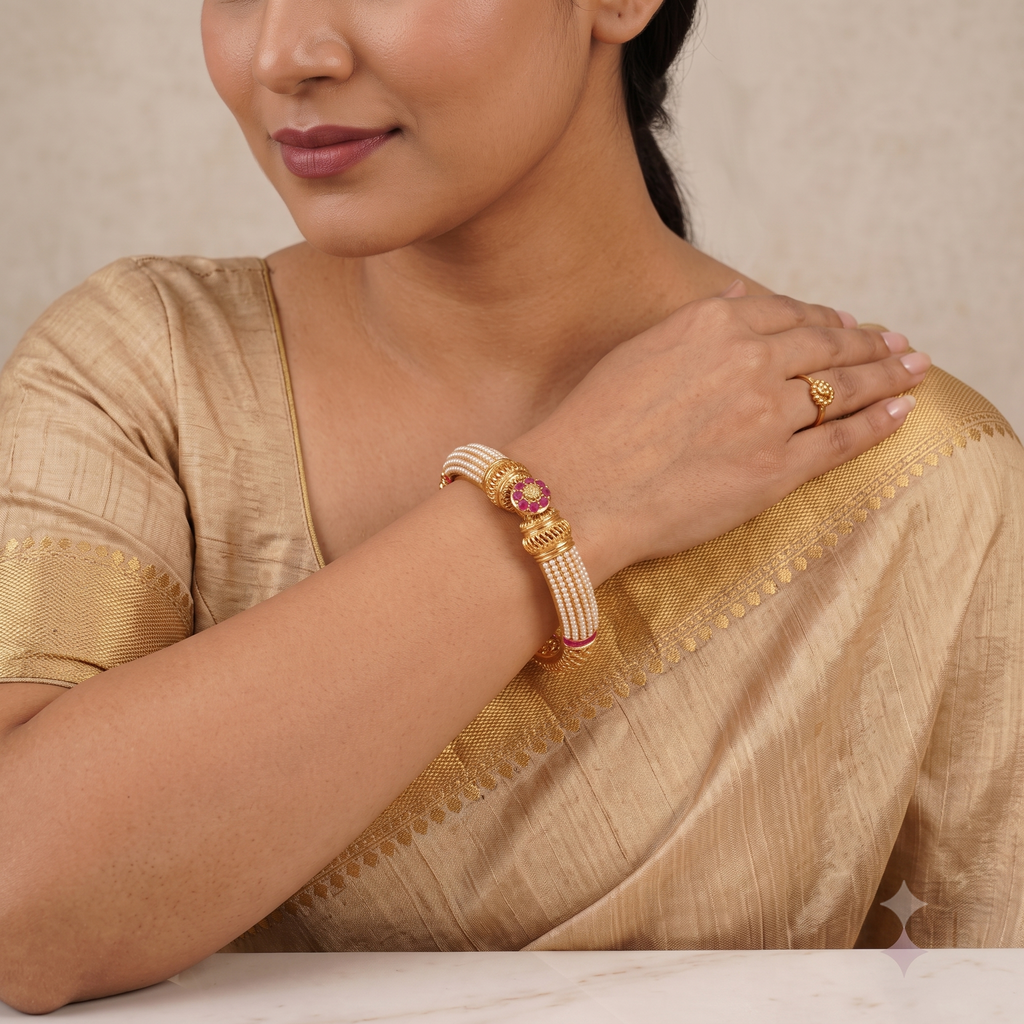 Gorgeous gold plated pearl openable kada