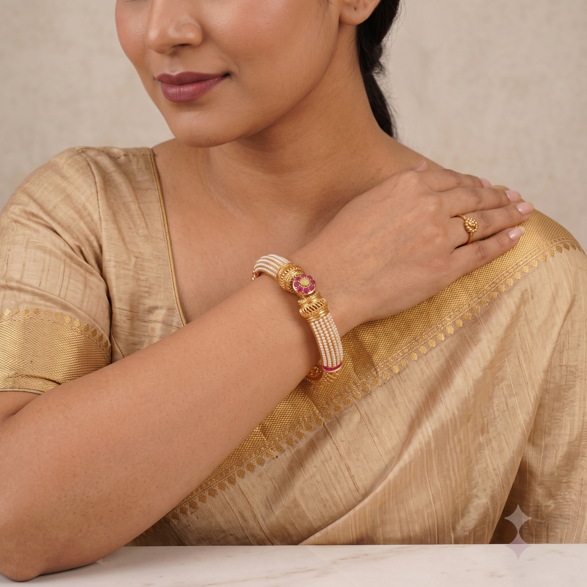 Gorgeous gold plated pearl openable kada