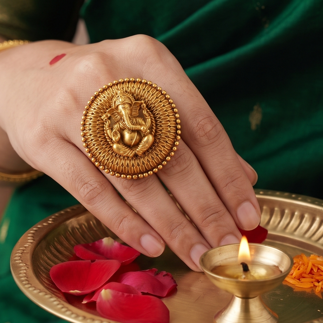 Cute antique gold plated round ganesh finger ring I Temple Jewellery