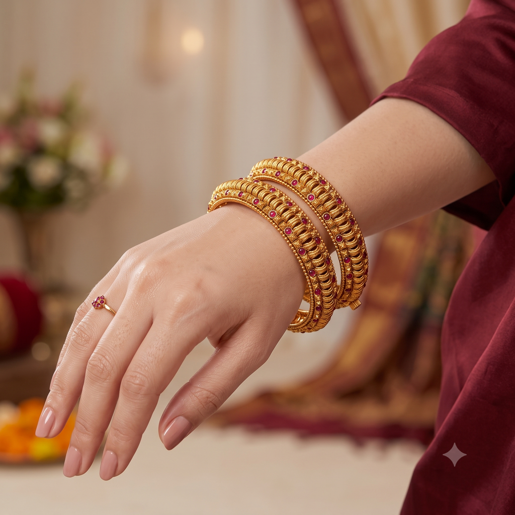 Beautiful openable ruby stone antique gold bangle set