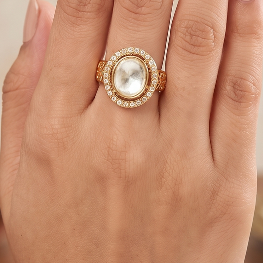 Cute gold plated kundan finger ring for women
