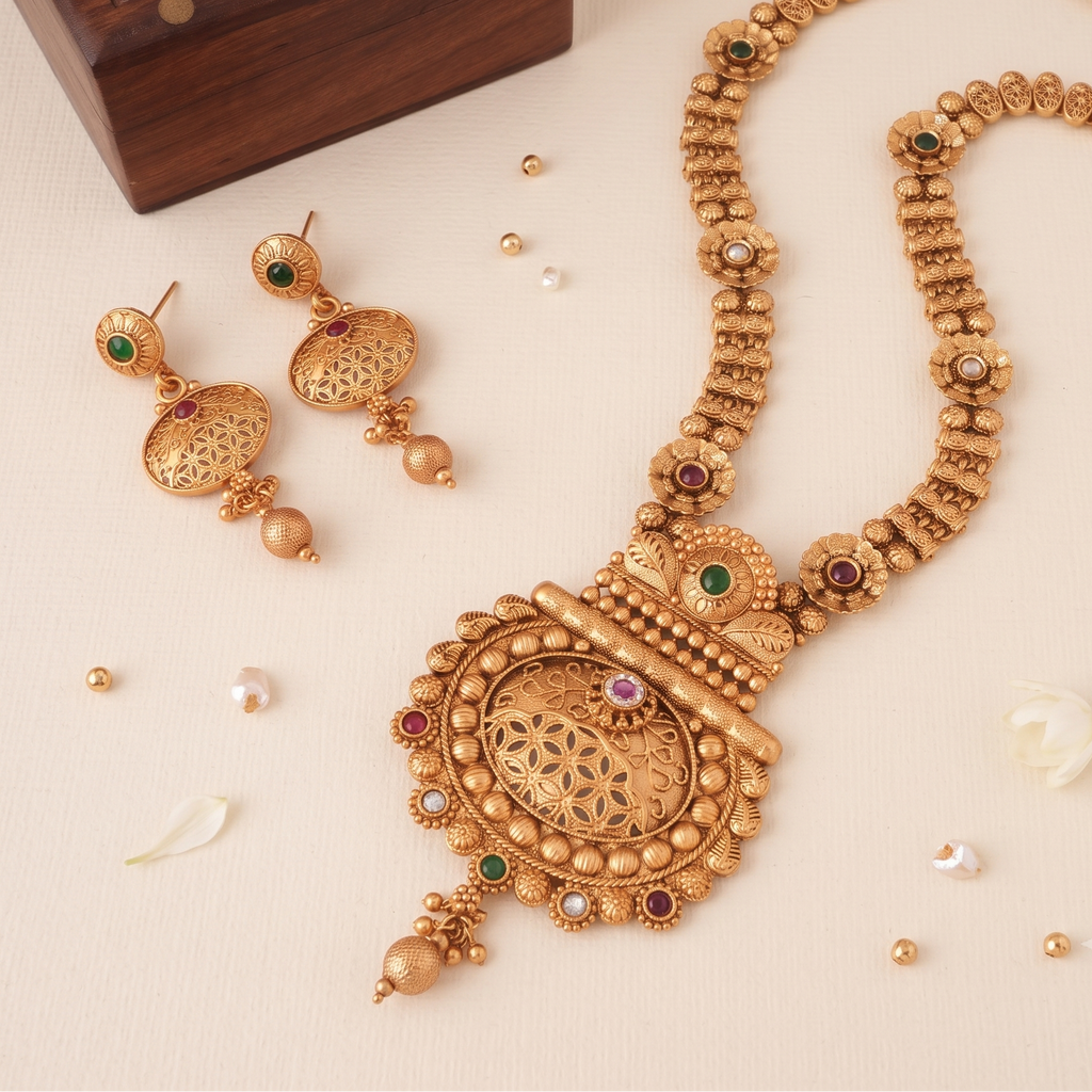 Traditional stone antique gold long necklace set