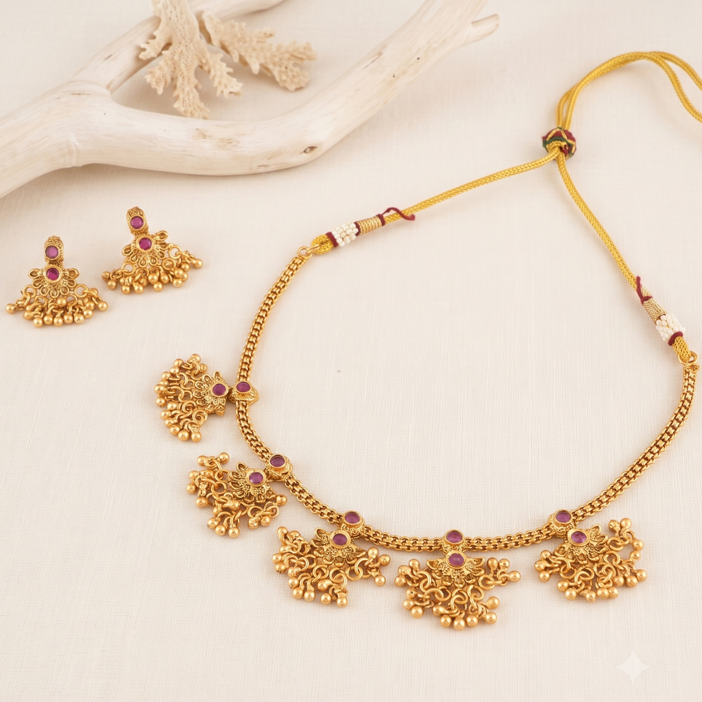Cute antique gold plated ruby floral necklace set