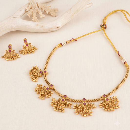 Cute antique gold plated ruby floral necklace set