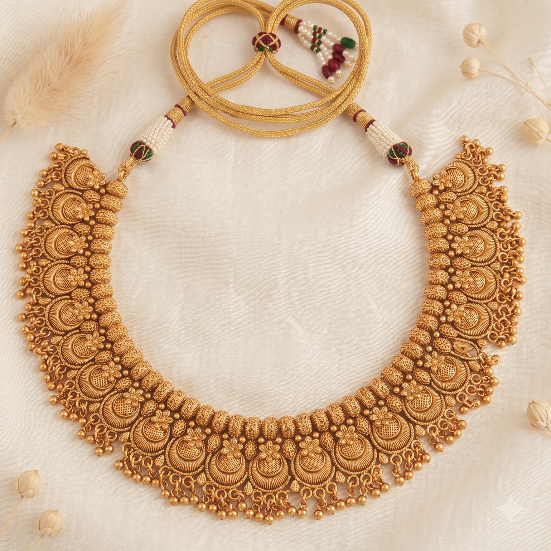 Stunning intricate antique gold plain necklace set with jhumka earring