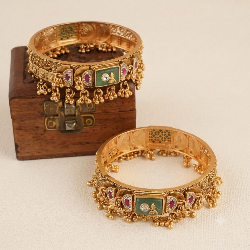 Stunning broad antique gold stone bangle set
