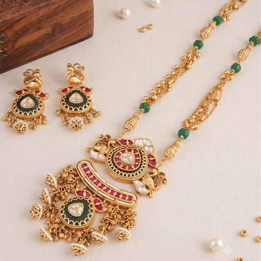 Long rajwadi multicolor stone antique gold necklace set