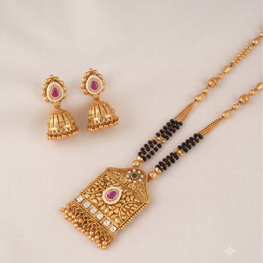Gorgeous antique gold long mangalsutra with jhumka earring