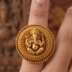 Cute antique gold plated round ganesh finger ring I Temple Jewellery