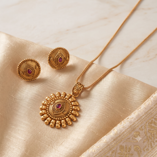 Stunning antique gold round pendant set