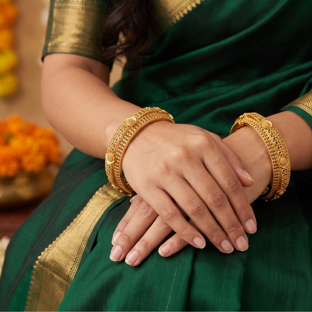 Beautiful intricate broad gold bangle set