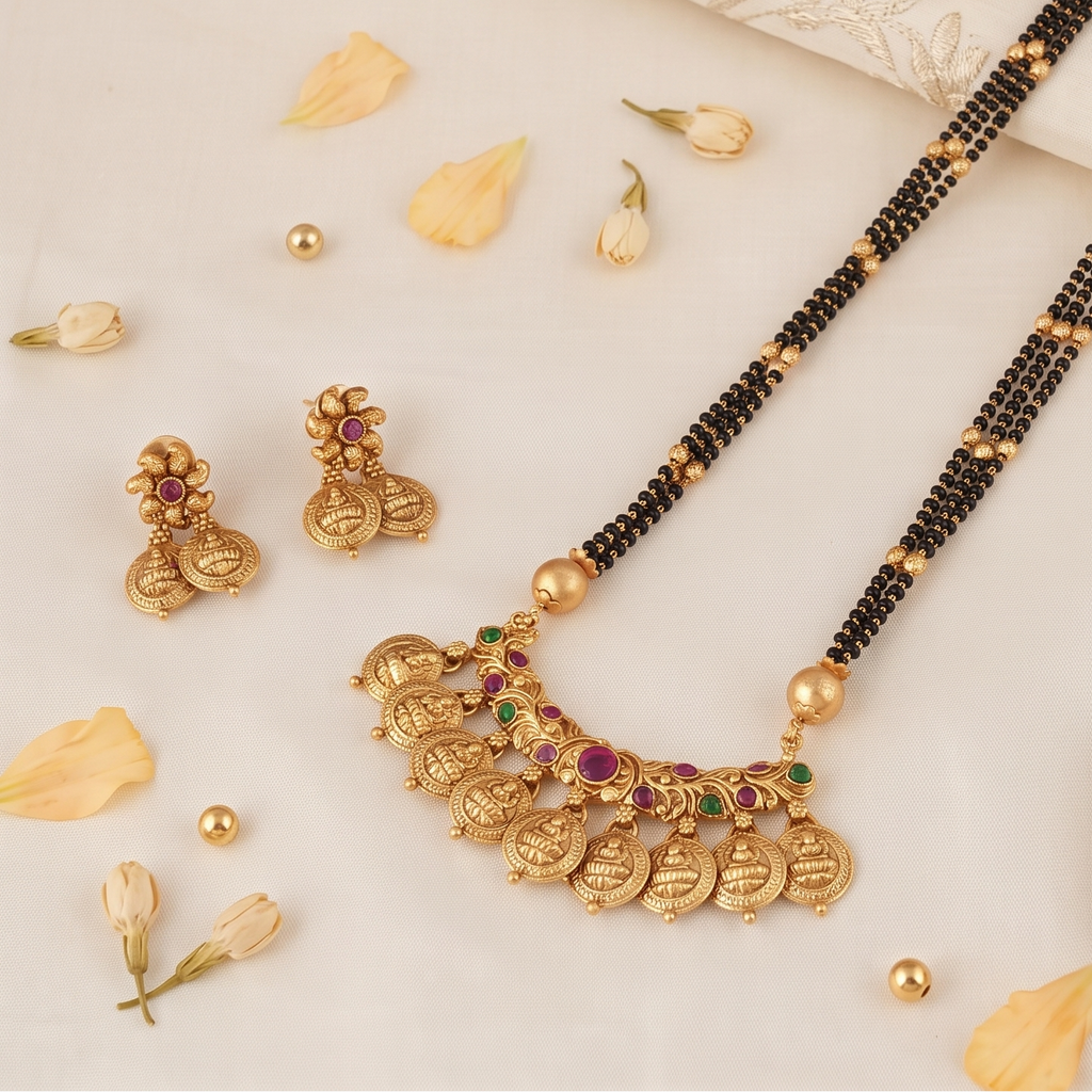 Stunning long antique gold maa lakshmi mangalsutra set for women I Temple Jewellery
