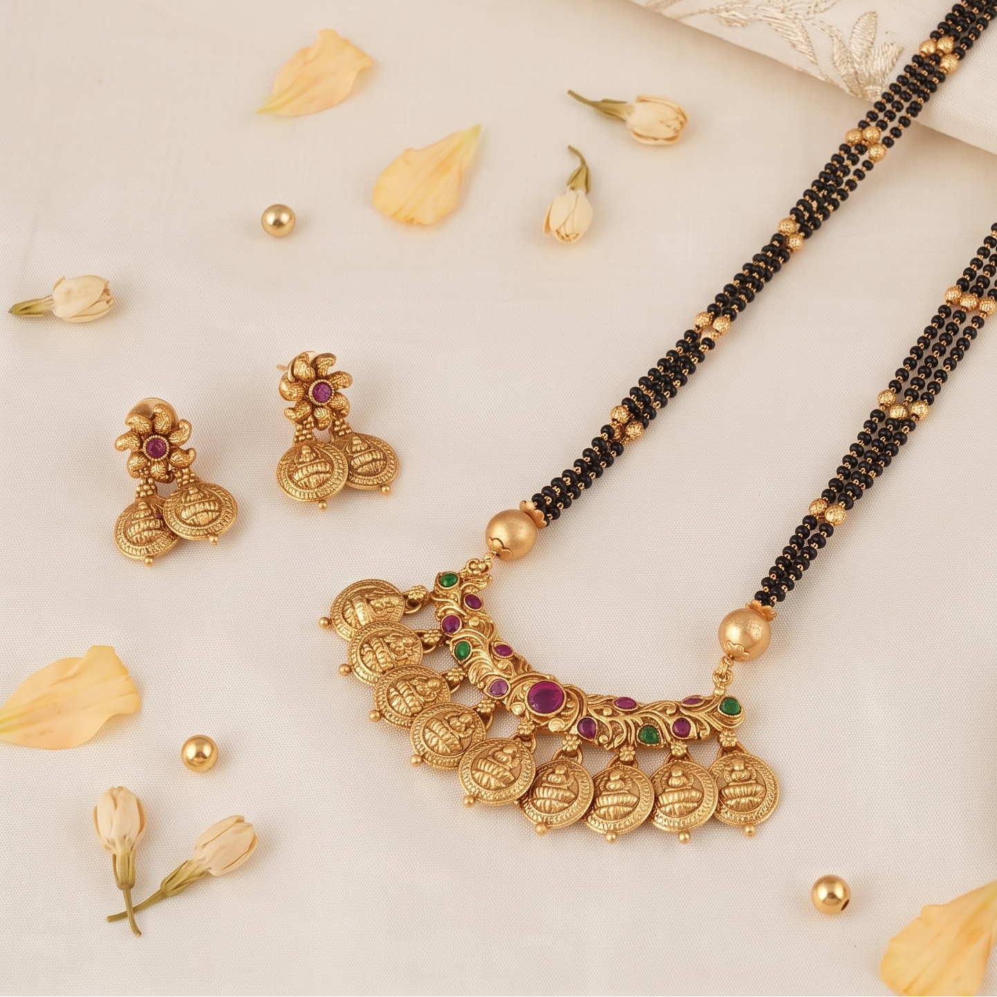 Stunning long antique gold maa lakshmi mangalsutra set for women I Temple Jewellery