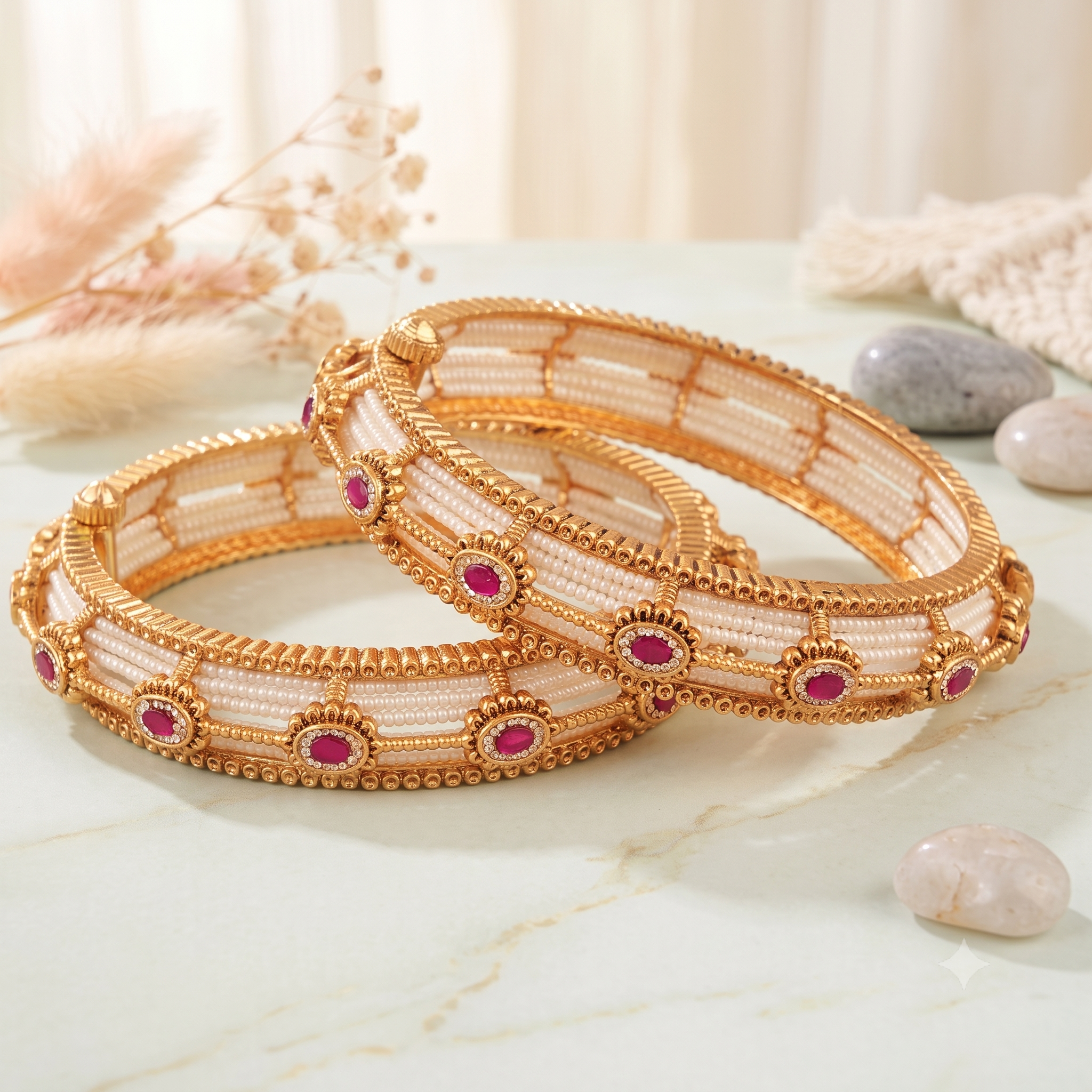 Amazing pearl ruby stone bangle set