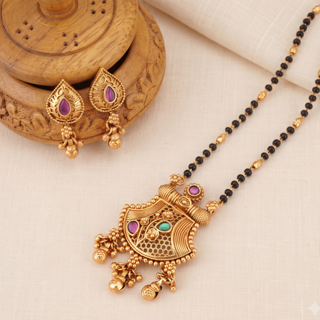 Stunning long antique gold stone mangalsutra set