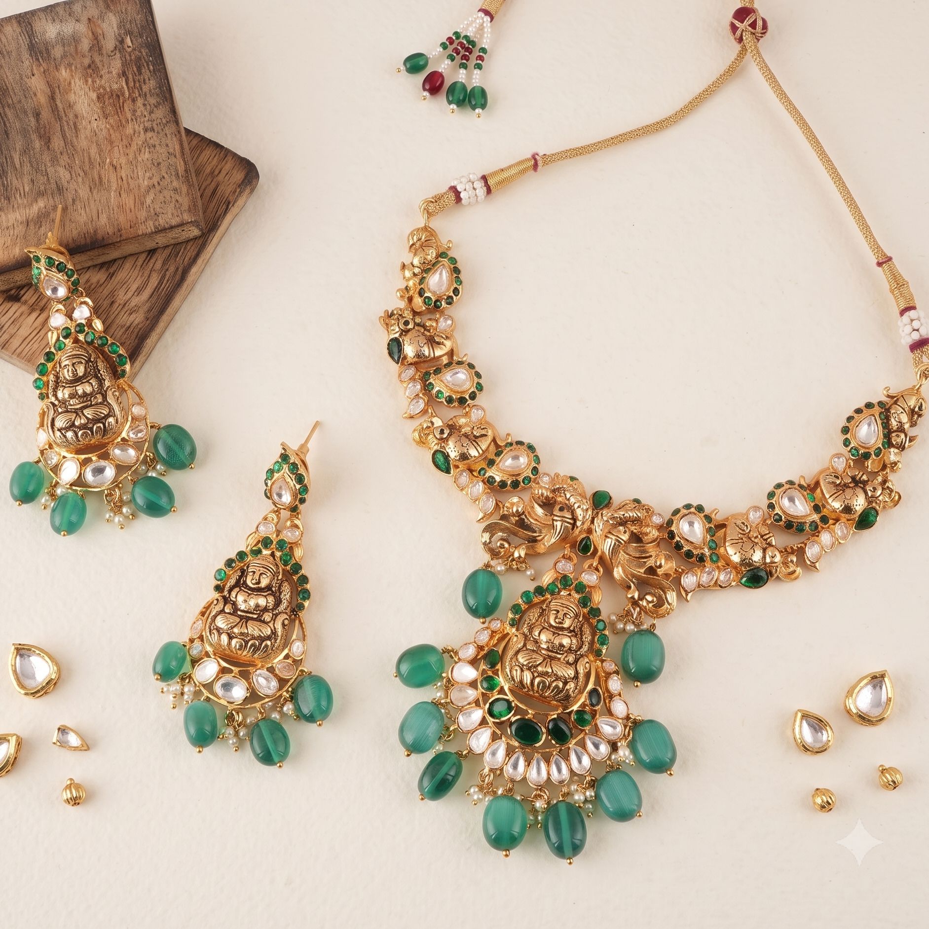 Stunning gold plated green stone kundan Maa Lakshmi necklace set