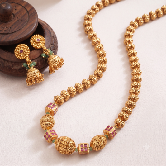 Stunning long antique gold stone matar mala necklace set