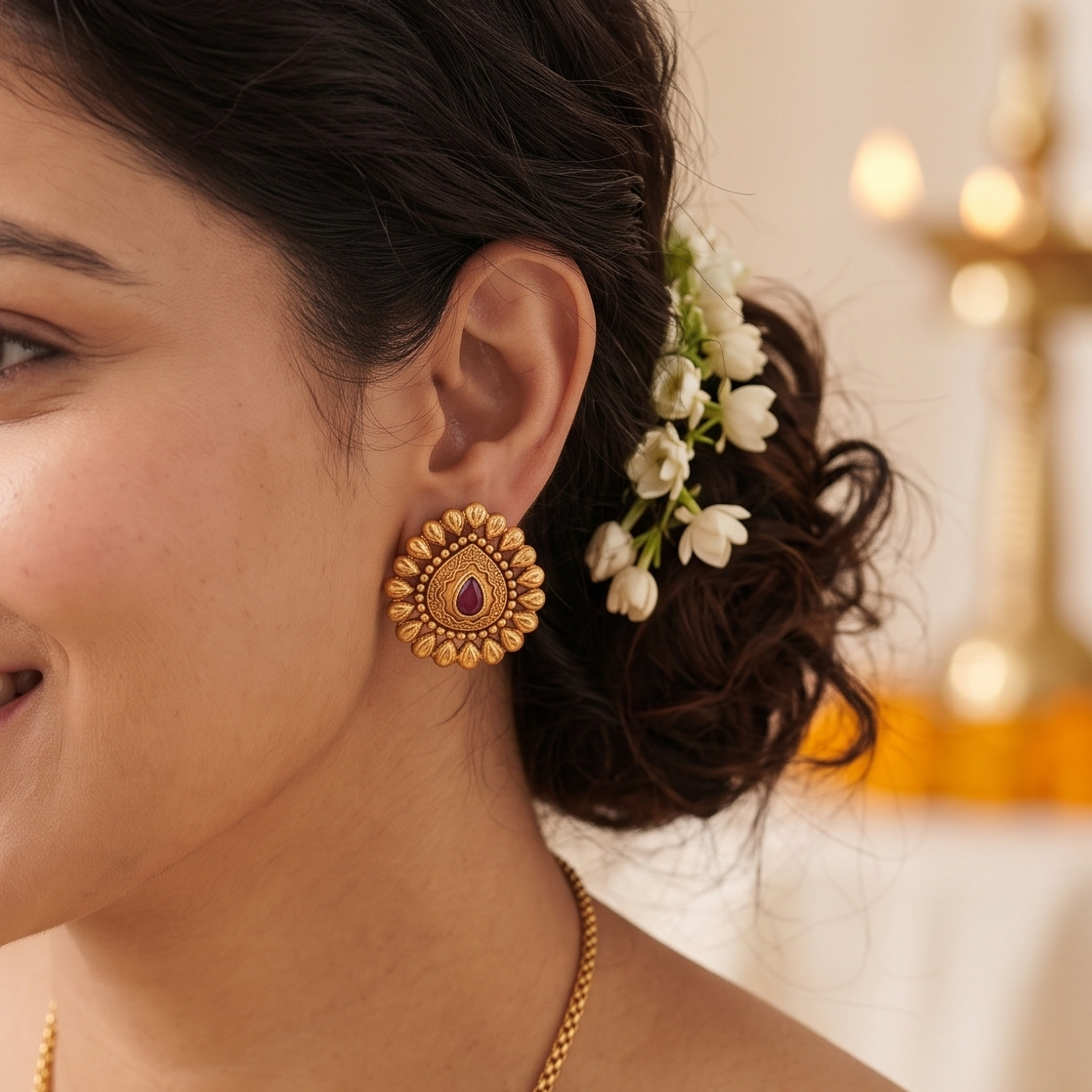 Amazing antique gold plated ruby stone stud earring