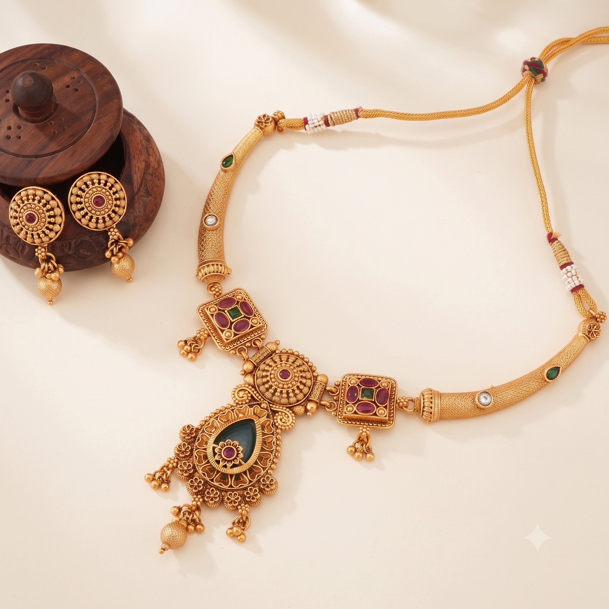 Stunning antique gold rajwadi emerald necklace set